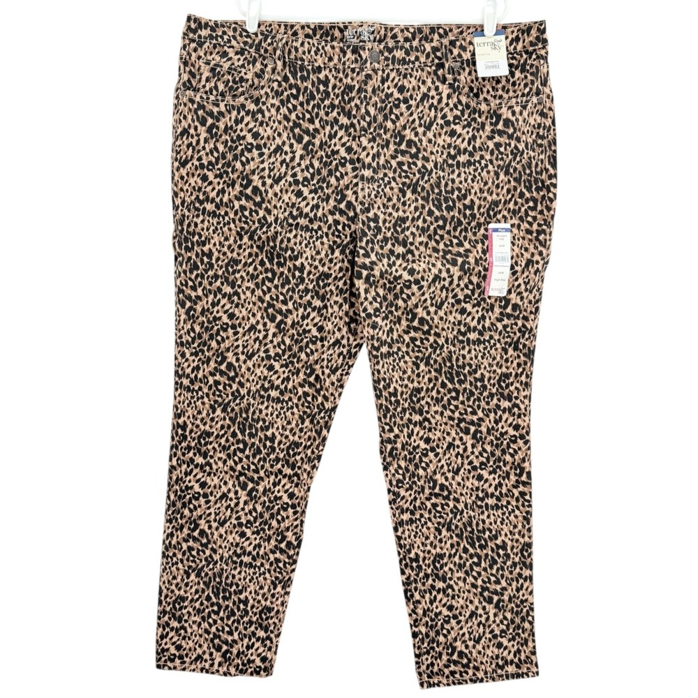Terra & Sky Women's Core Straight Stretch Brown Leopard Denim Jeans Plus 22W NWT